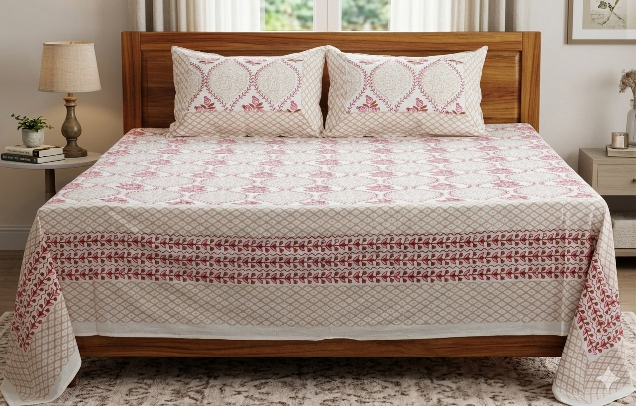 Premium Super King Size Cotton Bedsheet with 2 Pillow Covers – Beige &amp; Red Floral Printed Bed Sheet
