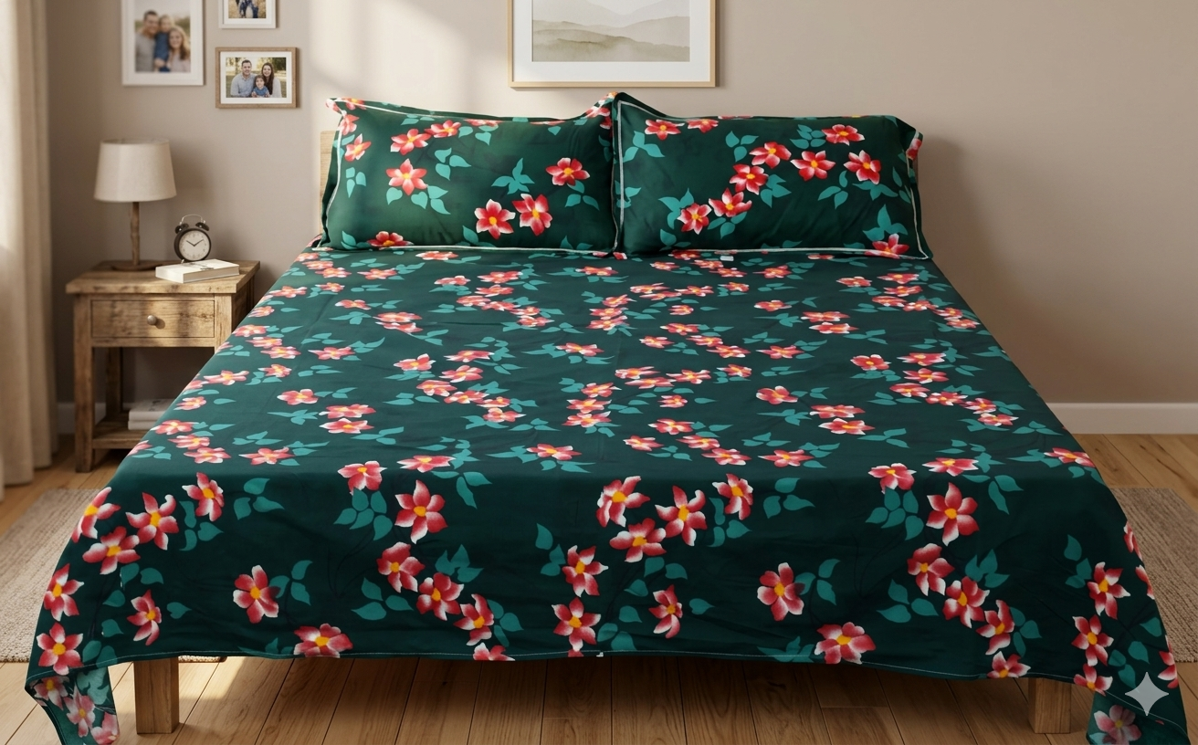 Soft Feel Floral Blend Bedsheet (225 x 250 cm) with Pillow Covers – Elegant Green Print