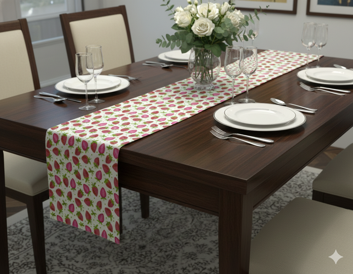 Strawberry Print Cotton Table Runner – 180 × 30 cm | Fresh & Playful Dining Décor