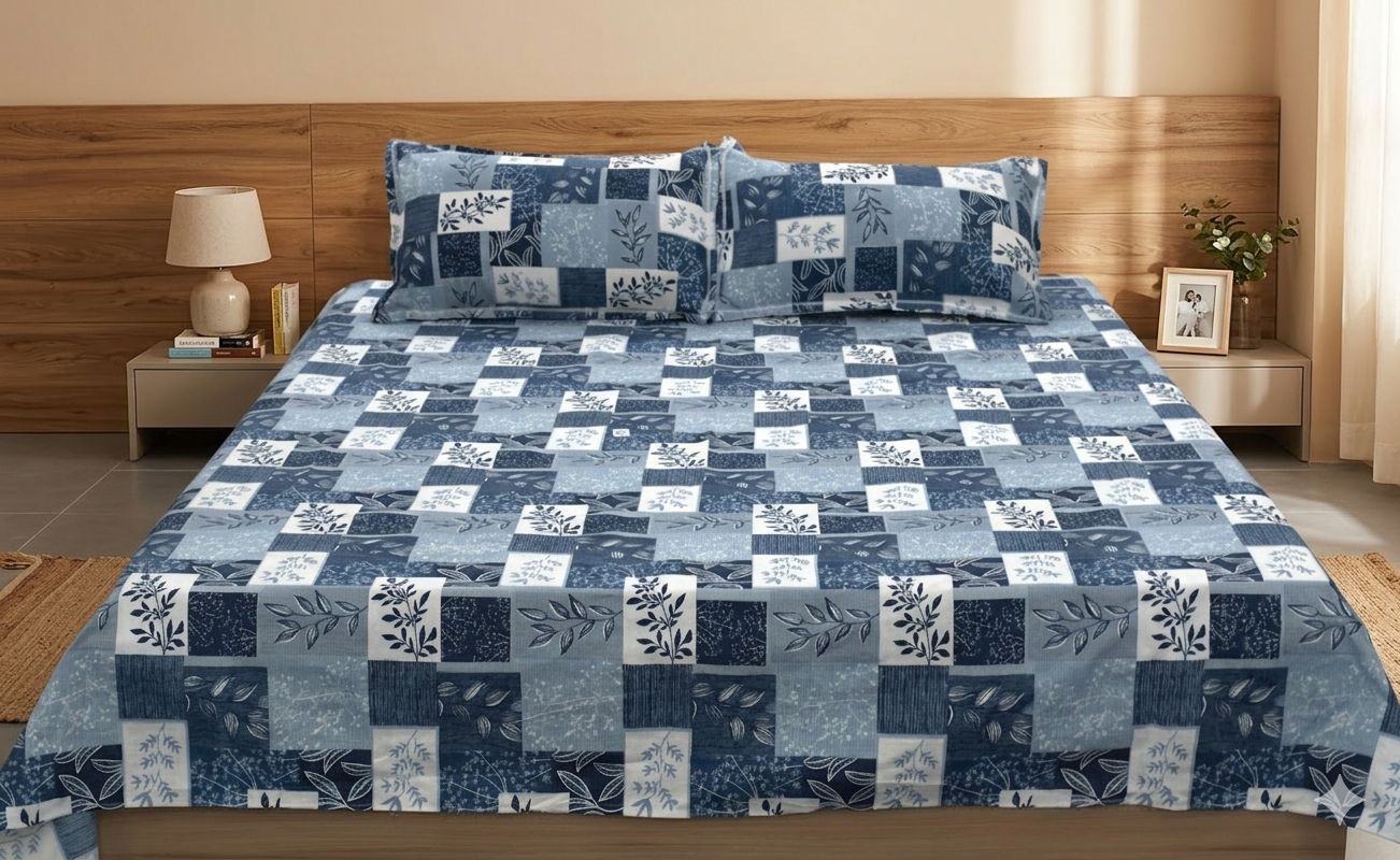 Soft Feel Blend Bedsheet – Blue Patchwork Floral Design (225 x 250 cm)