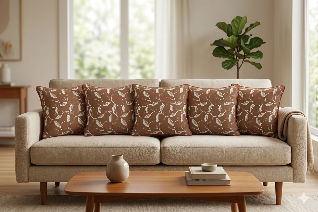 Rust Brown Embroidered Leaf Cushion Cover Set – 16x16 Inches (Set of 5)