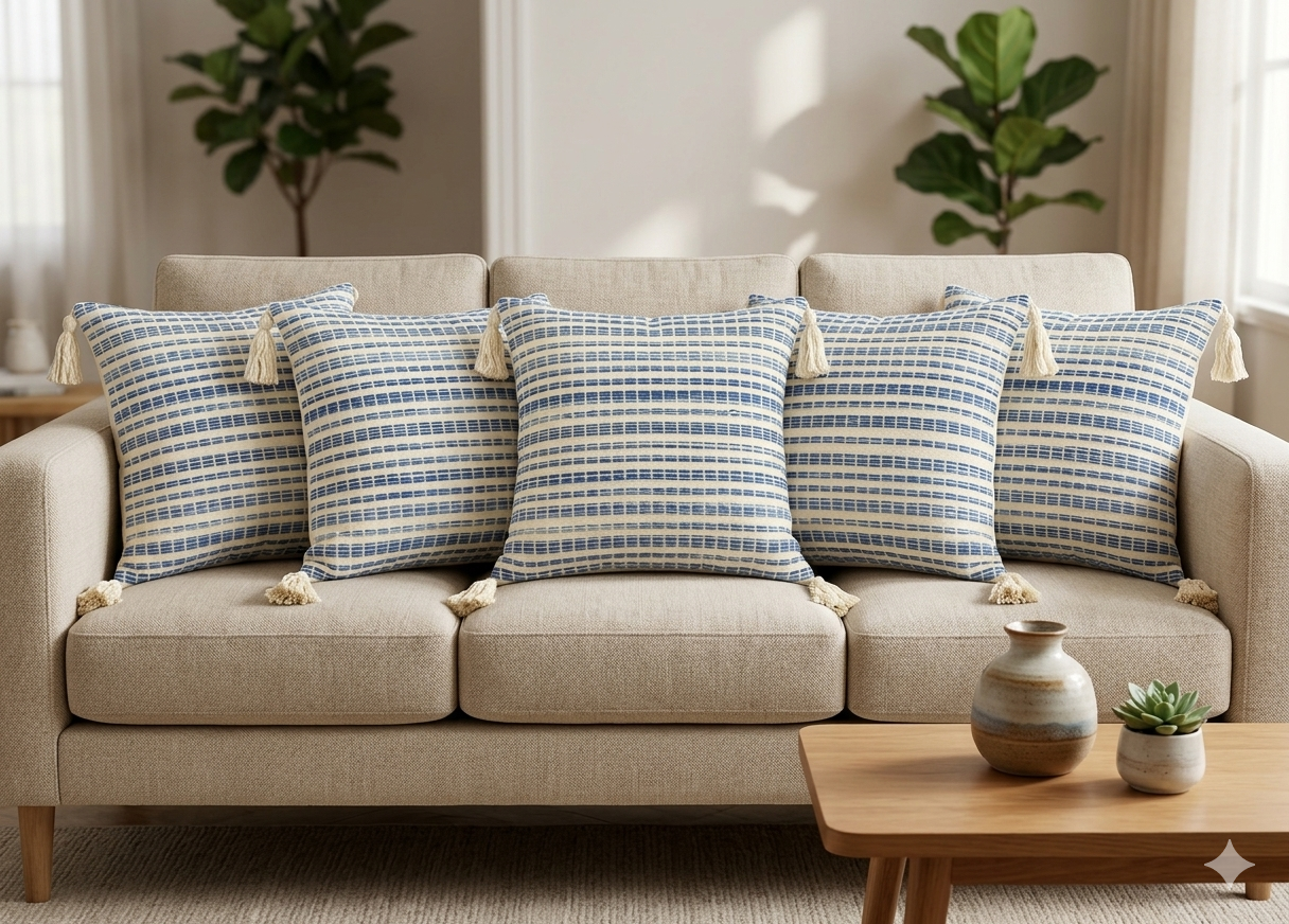 Blue & Beige Striped Cushion Cover Set (16x16 Inches) - Main Product Image - Nushio