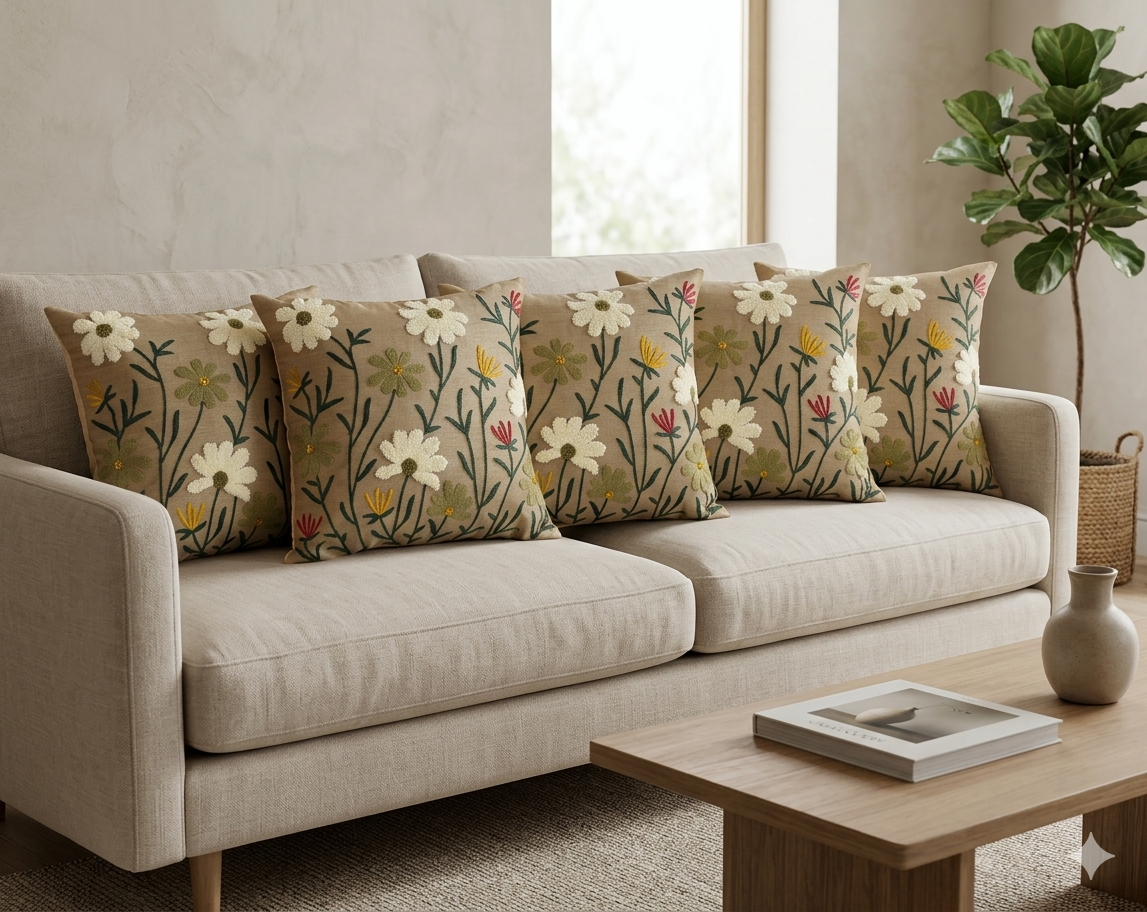 Set of 5 Floral Embroidered Cushion Covers (16x16 Inch) – Elegant Decorative Pillow Covers