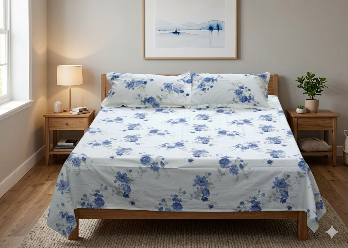 Blue Floral Print Queen Size Bedsheet with Pillow Covers - Main Product Image - Floral - Nushio