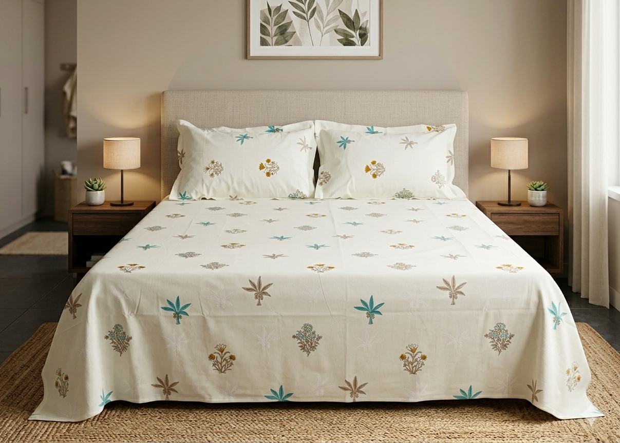 Off White Floral Print Queen Size Bedsheet with Pillow Covers - Main Product Image - Floral - Nushio