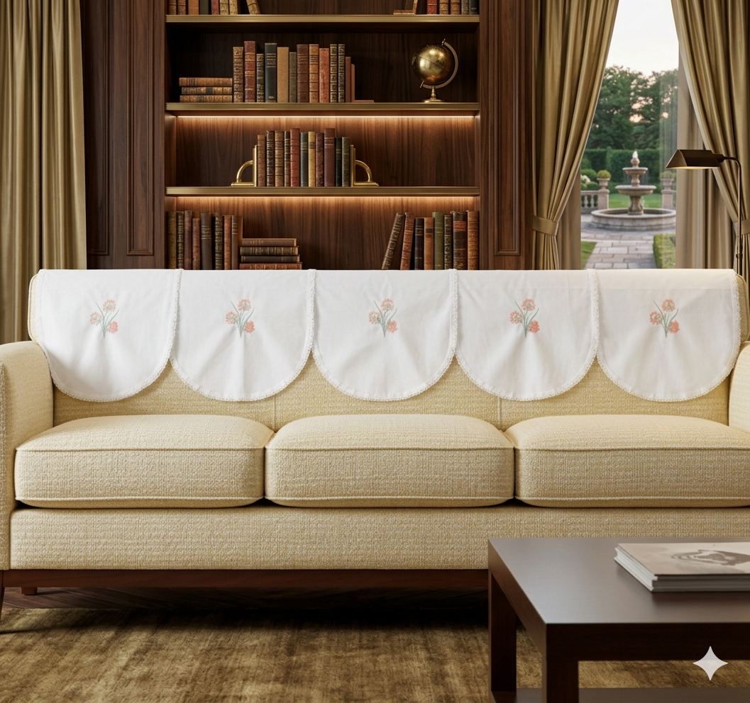 Elegant Floral Embroidered Chair Back Cover Set – 5 Seater with Lace Border - Main Product Image - Floral Embroidered - Nushio