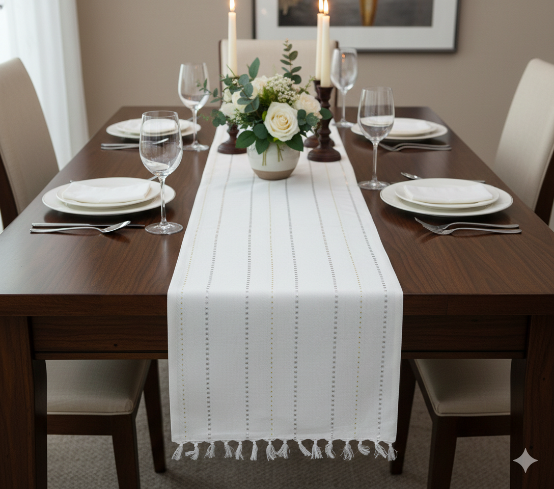 White Striped Table Runner with Tassels - 180 x 35 cm