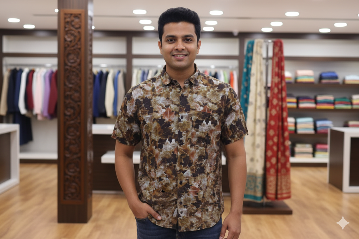 🧥 Men's Autumn Leaf Print Casual Shirt – Short Sleeve Slim Fit