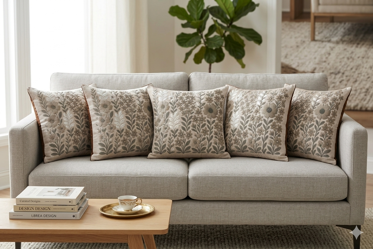 Beige Floral Printed Cushion Cover Set of 5 - 16x16 Inches - Main Product Image - Floral Printed - Nushio