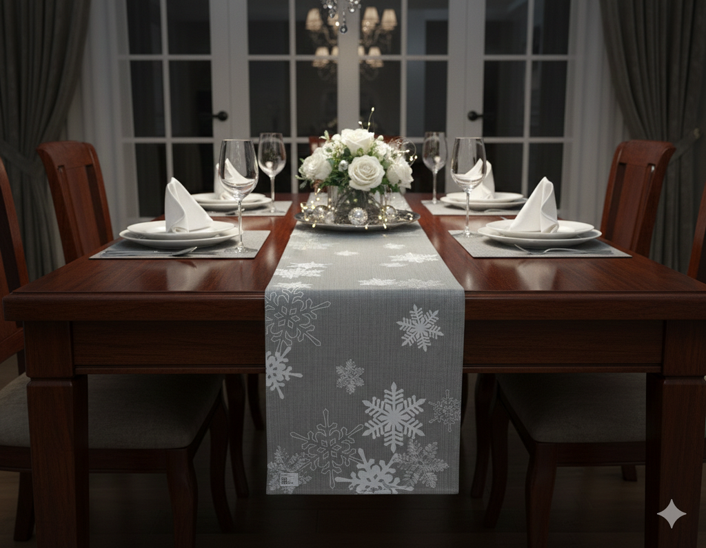 Winter Snowflake Grey Table Runner – 1.75m x 35cm Festive Dining Décor