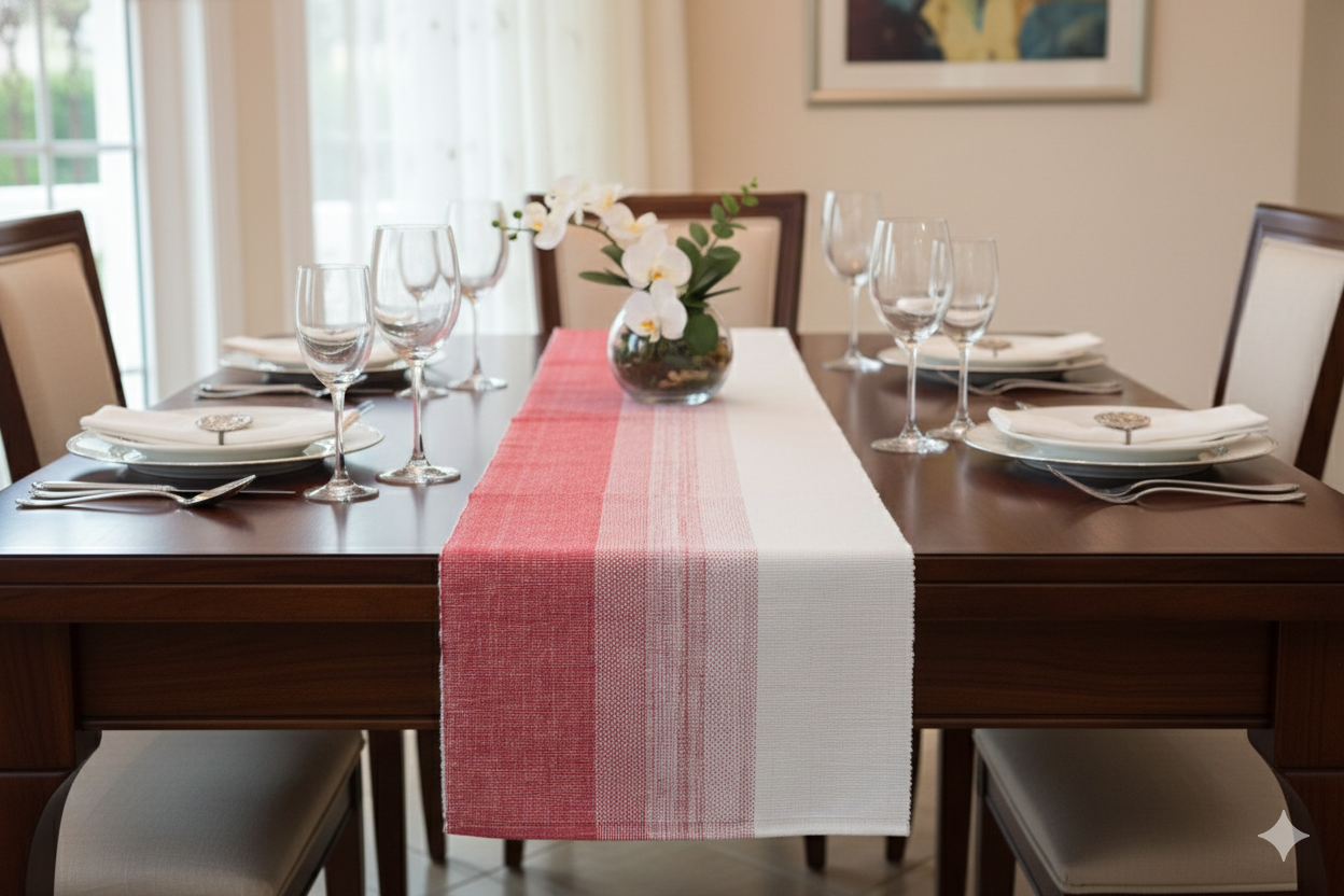 Striped Cotton Table Runner - 2 Meter × 40 cm - Red & White
