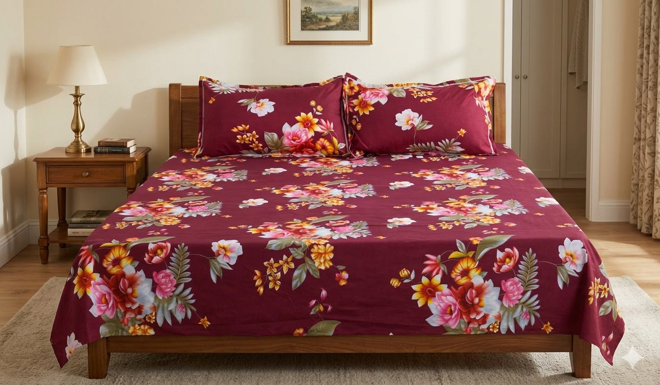 Soft Feel Floral Bed Sheet Set (225 x 250 cm) – Premium Comfort &amp; Elegant Design