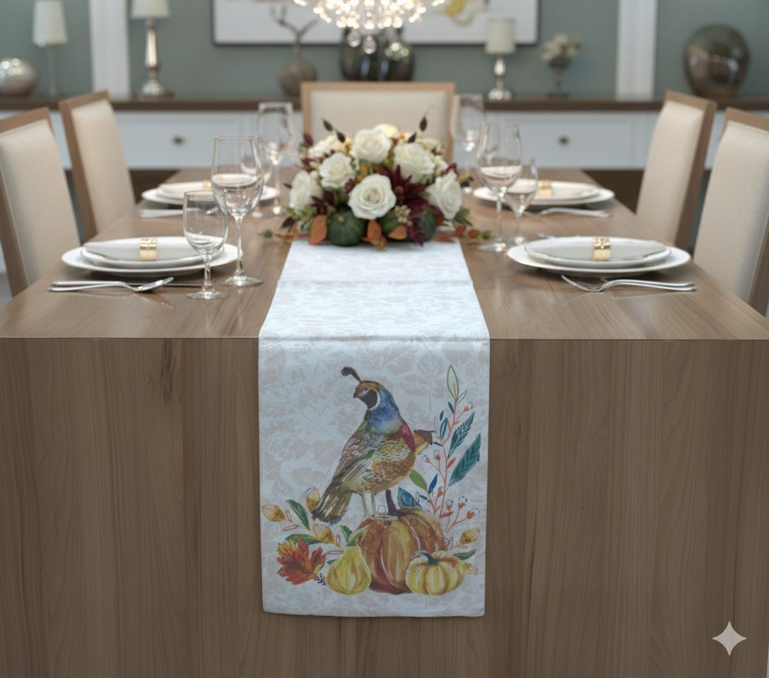 Autumn Quail & Pumpkin Printed Table Runner - 180 x 35 cm - Main Product Image - Printed - Nushio
