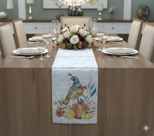 Autumn Quail & Pumpkin Printed Table Runner - 180 x 35 cm - Main Product Image - Printed - Nushio