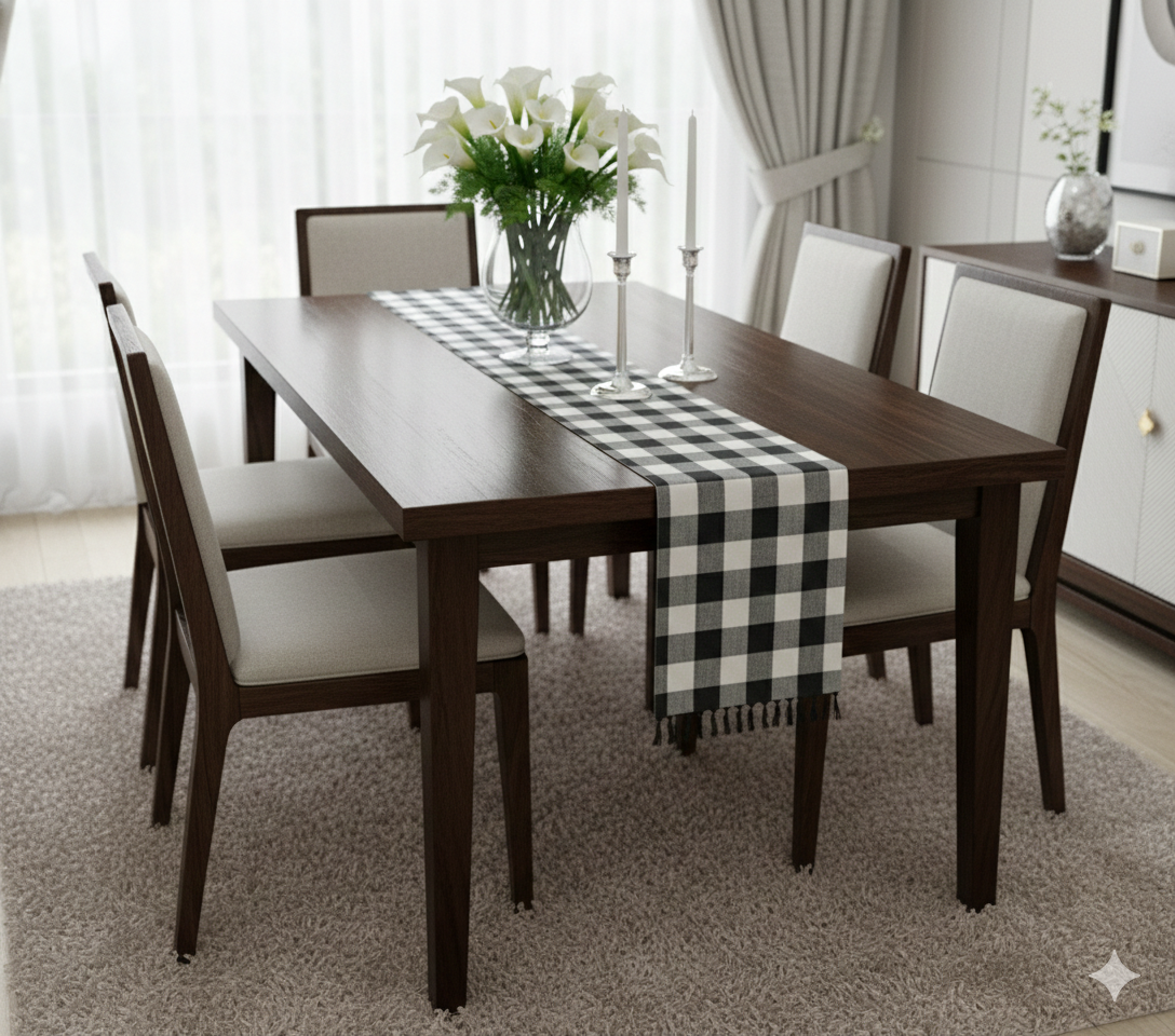 Black & White Checkered Table Runner with Tassels - Main Product Image - Nushio