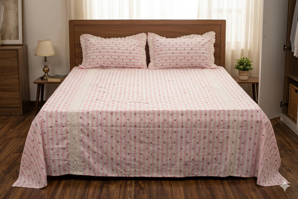 Cherry Stripe King Size Bedspread with Lace Detail – Soft Cotton Blend