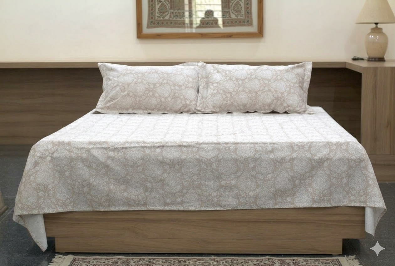 Queen Size Printed Cotton Bedsheet with 2 Pillow Covers – Elegant Beige Pattern Bed Sheet Set