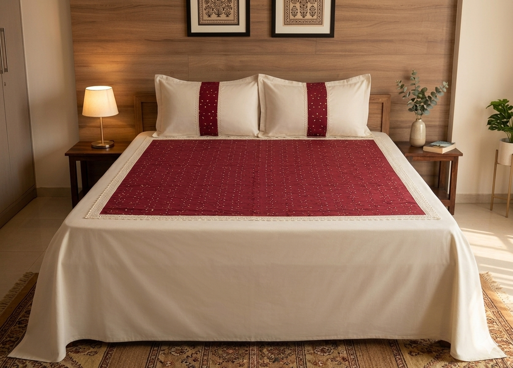Elegant Maroon & Cream Queen Size Bedspread Set (2.40 x 2.80 m) | Nushio