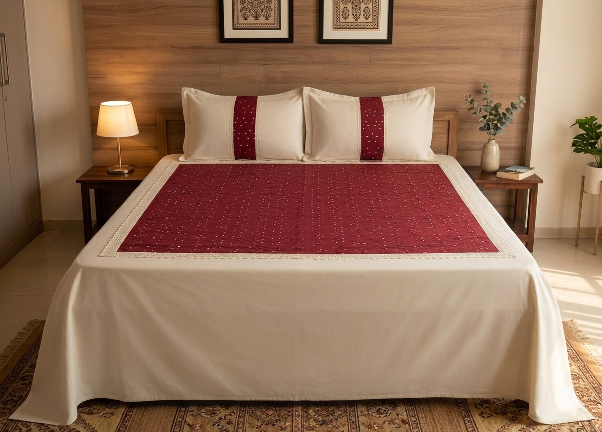 Elegant Maroon & Cream Queen Size Bedspread Set (2.40 x 2.80 m) | Nushio