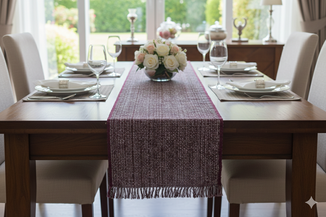 Handwoven Maroon Table Runner with Tassels - 220 x 40 cm - Main Product Image - Nushio