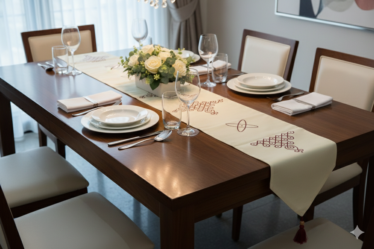 Cream Printed Table Runner with Tassels - 160 x 35 cm - Main Product Image - Printed - Nushio