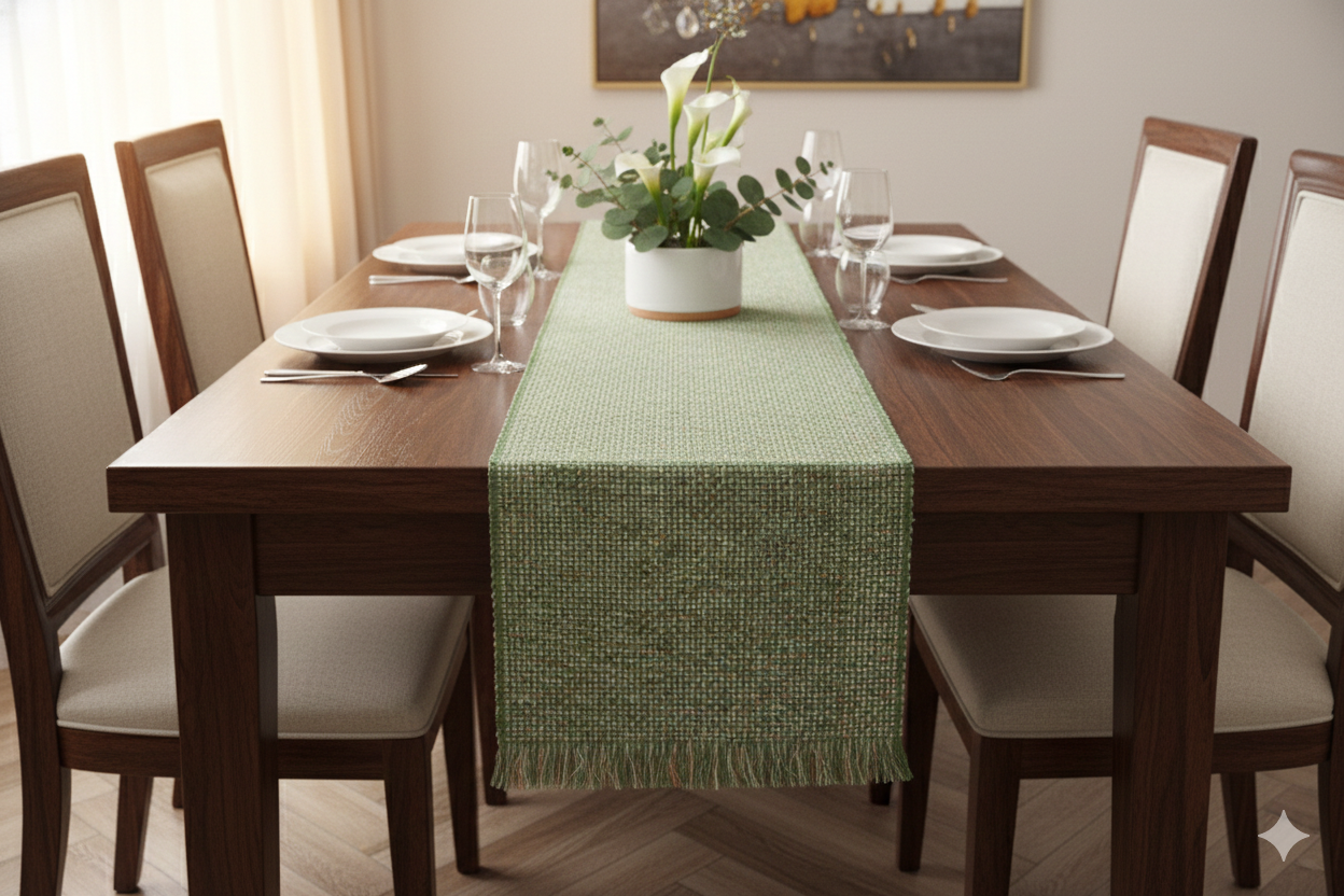 Green Handwoven Table Runner with Tassels - 215 x 40 cm - Main Product Image - Nushio
