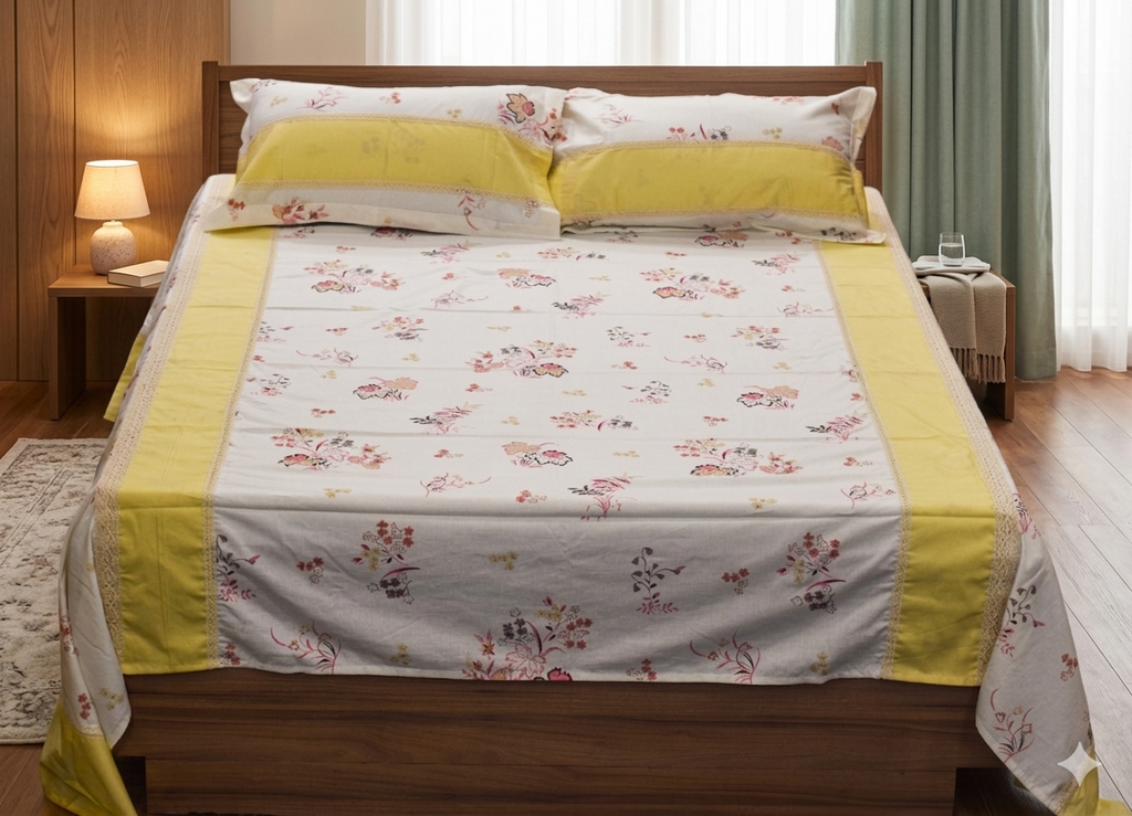 Elegant Floral King Size Bedspread with Pillow Covers (2.70 x 2.50 m) – Soft Cotton Blend in Yellow & White | Nushio
