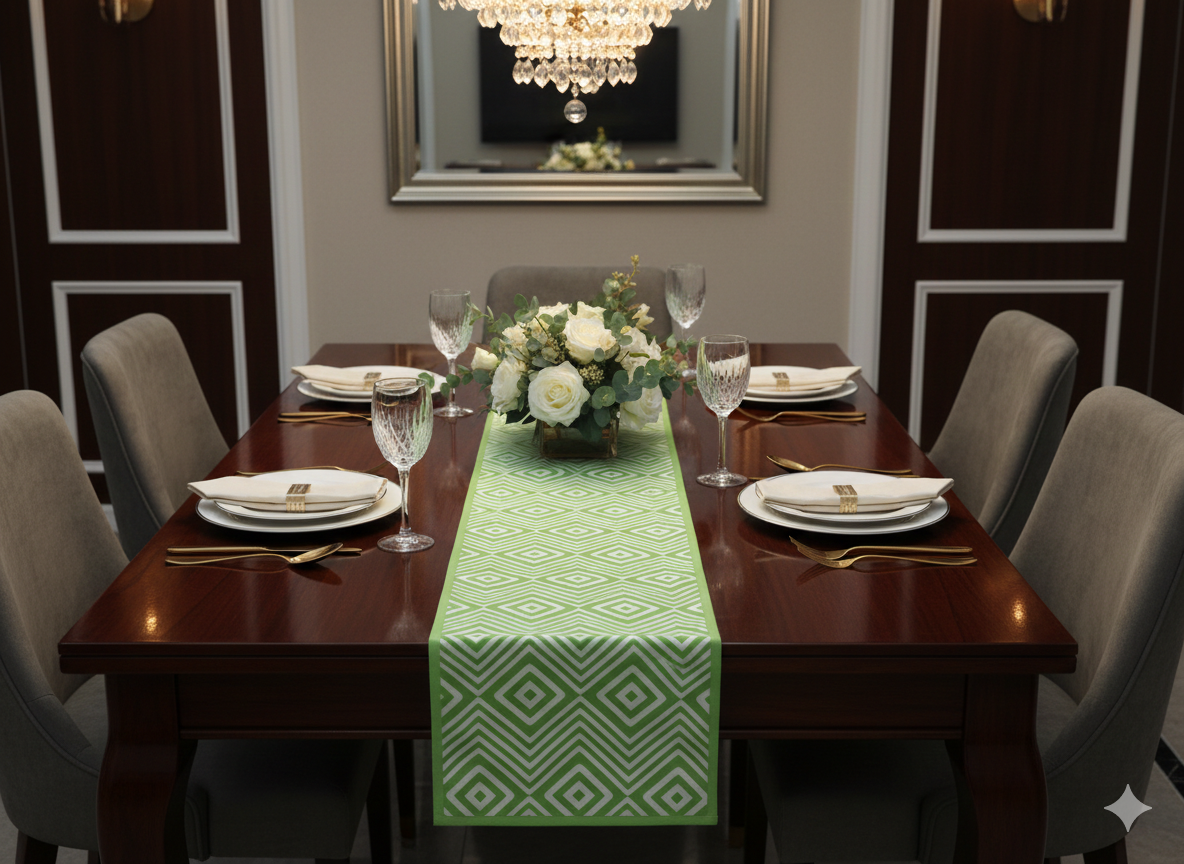 Green GeomGreen Geometric Table Runner - 170 x 35 cm - Dining Table Decoretric Printed Table Runner - Main Product Image - Printed - Nushio