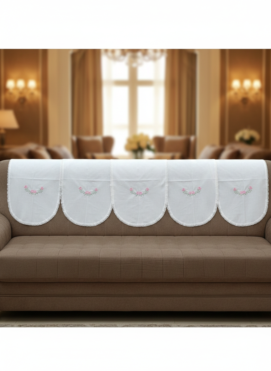 White Chair Back Cover Set (5 Seater) with Pink Floral Embroidery & Lace Border