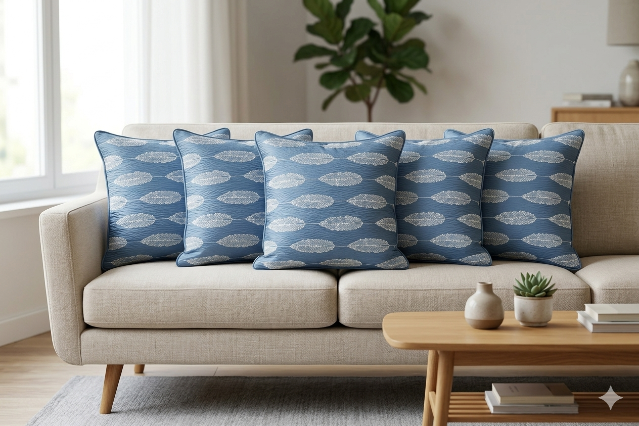 Premium Blue Feather Print Cushion Cover Set (16x16 Inch) – Pack of 5 - Main Product Image - Nushio