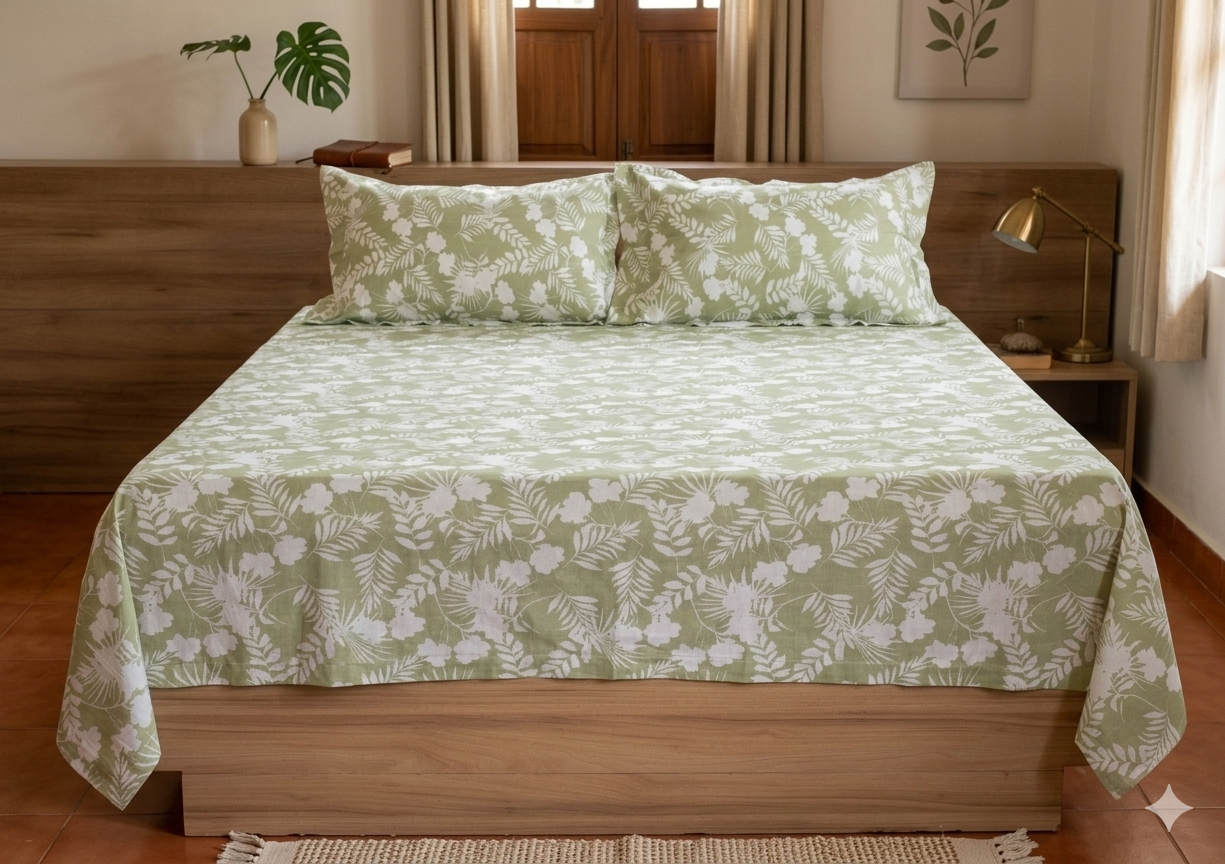 Olive Green Floral Queen Size Bedsheet with Pillow Covers – Cotton Bed Sheet Set - Main Product Image - Cotton Floral - Nushio