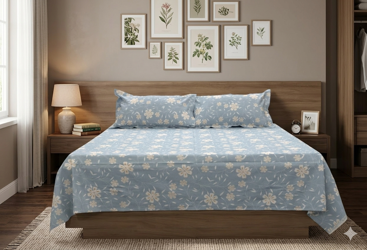 Queen Size Blue Floral Cotton Bedsheet with 2 Pillow Covers – Soft Breathable Printed Bed Sheet Set