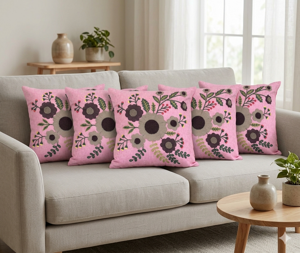 Set of 5 Floral Cushion Covers – 16x16 Inch Pink Decorative Pillow Covers