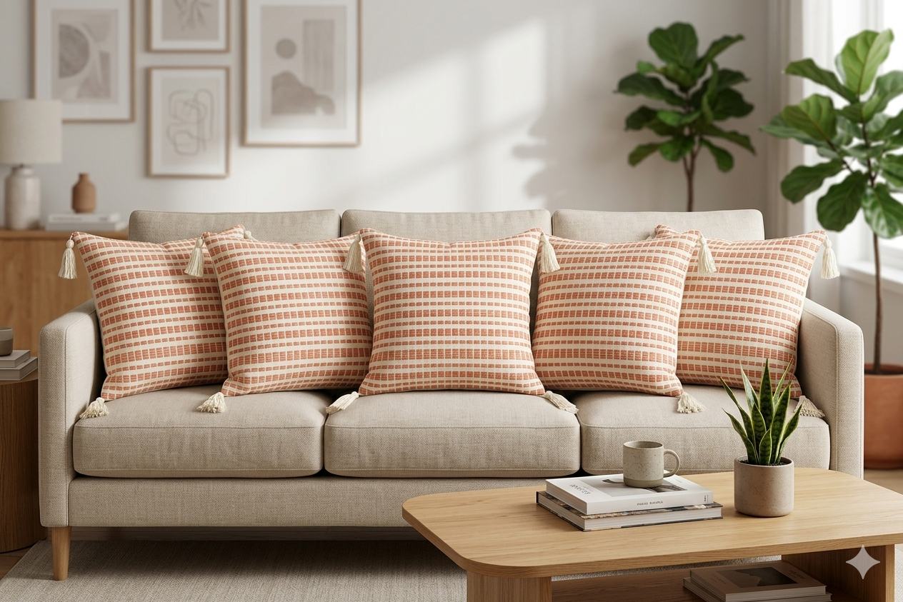 Peach &amp; Beige Textured Cushion Cover Set (16x16 Inch) – Set of 5 with Tassel Corners - Main Product Image - Nushio