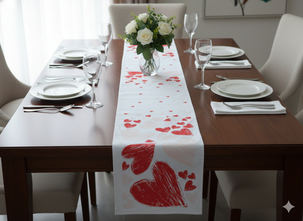Red Heart Print Table Runner – 180 × 35 cm | Elegant & Romantic Dining Décor