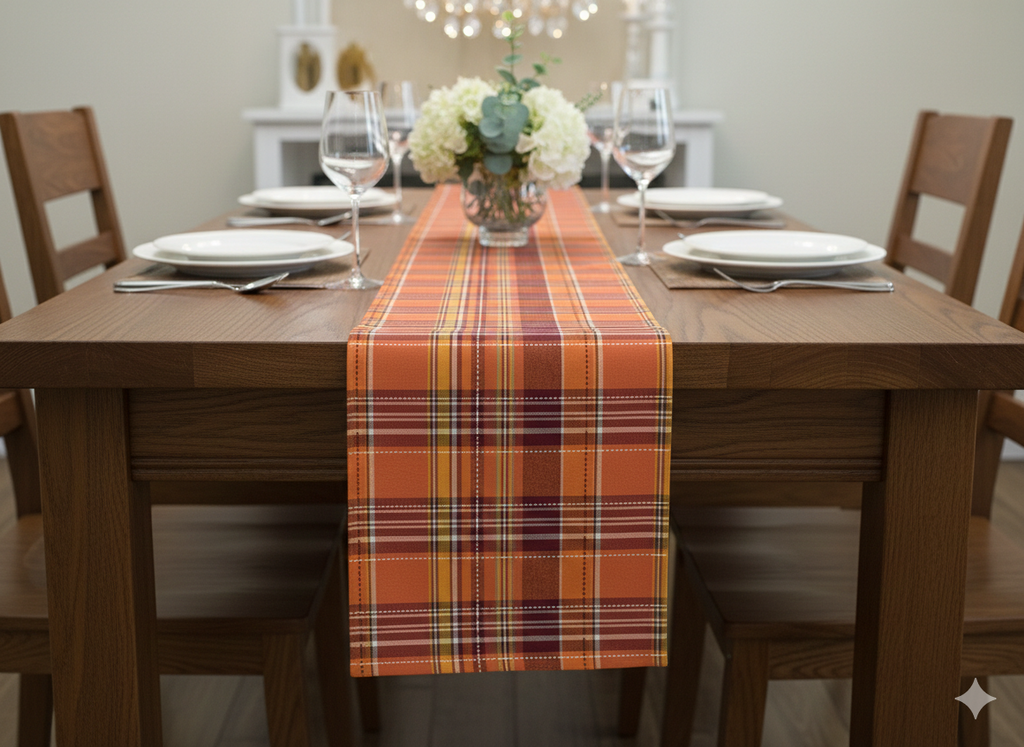 Rust Orange Plaid Table Runner – 180 × 35 cm | Classic Checkered Dining Décor