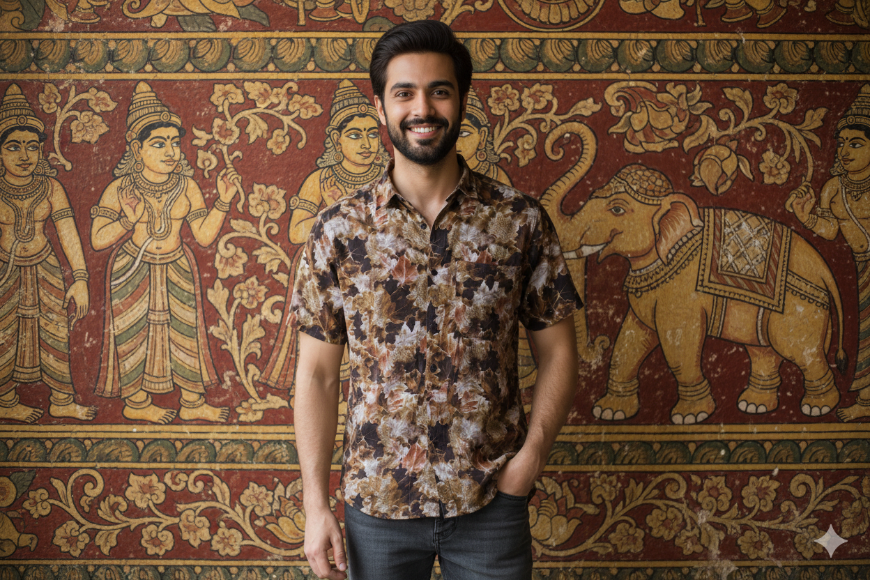 🧥 Men's Autumn Leaf Print Casual Shirt – Short Sleeve Slim Fit