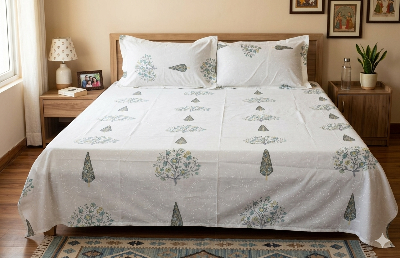 Botanical Tree Block-Print Queen Cotton Bedsheet Set with 2 Pillow Covers - Main Product Image - Cotton - Nushio