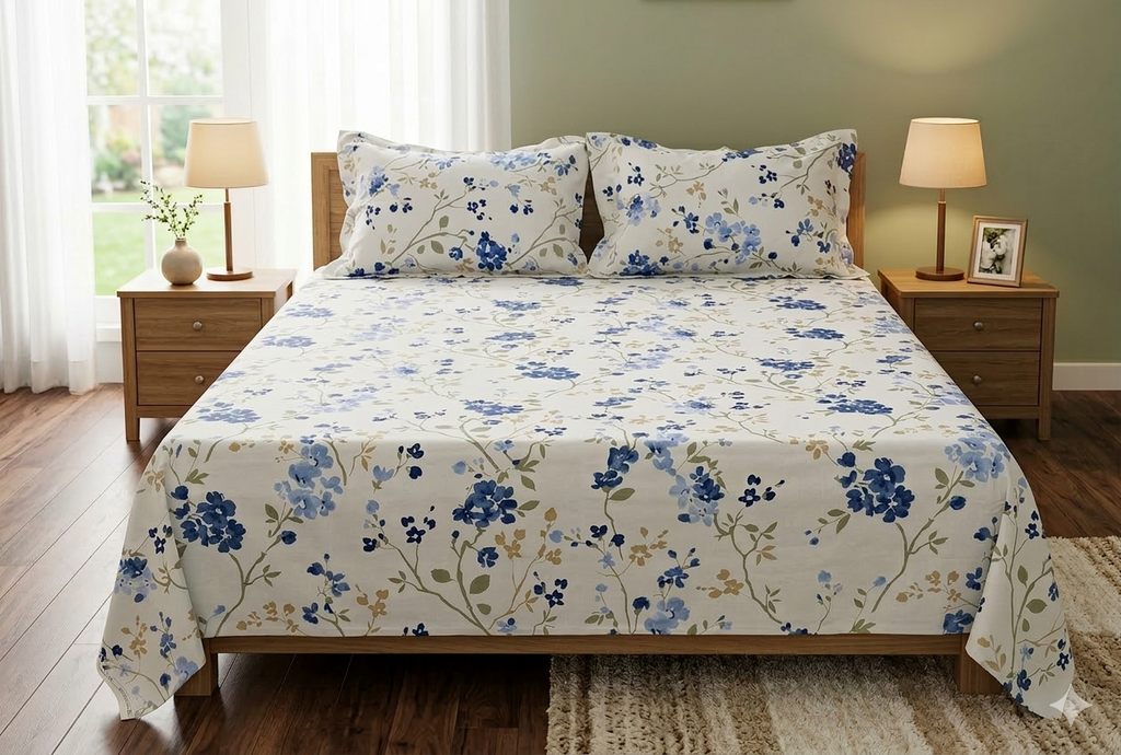 Blue Floral Queen Size Bedsheet with 2 Pillow Covers - Main Product Image - Floral - Nushio