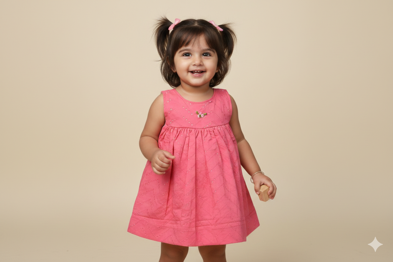 Girls Coral Pink Embroidered Cotton Frock - Main Product Image - Cotton Embroidered - Nushio