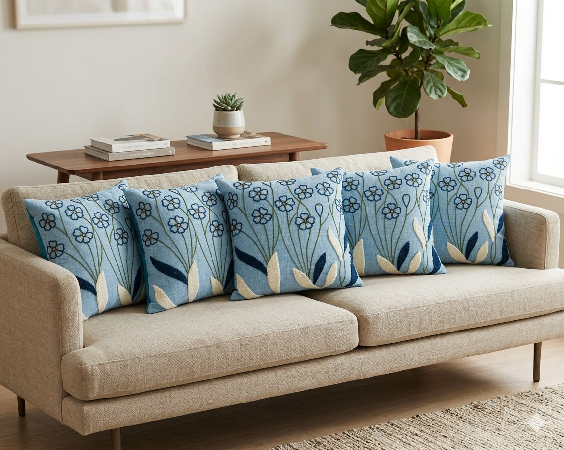 Sky Blue Floral Printed Cushion Cover Set of 5 | 16x16 Inch Decorative Pillow Covers