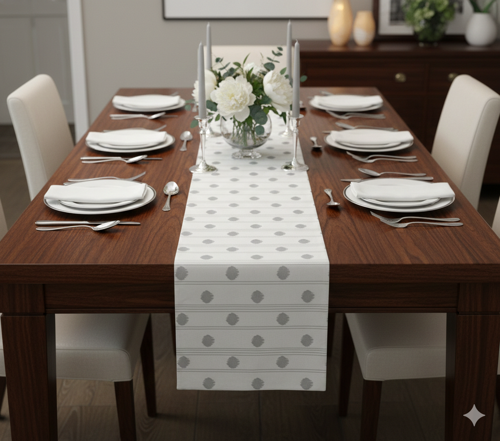 Grey Polka Dot & Stripe Table Runner - 180 x 35 cm - Main Product Image - Nushio