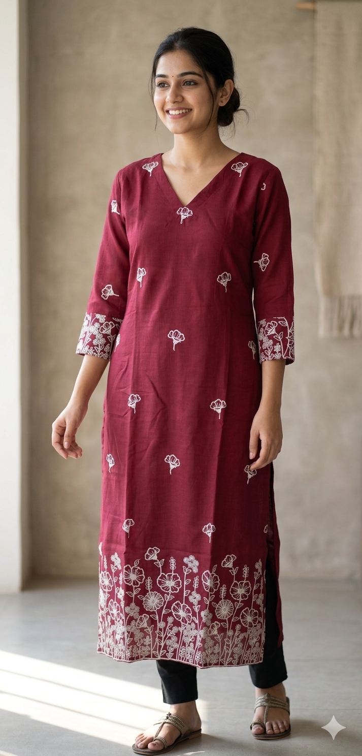 Elegant Maroon Embroidered Churidar Top
