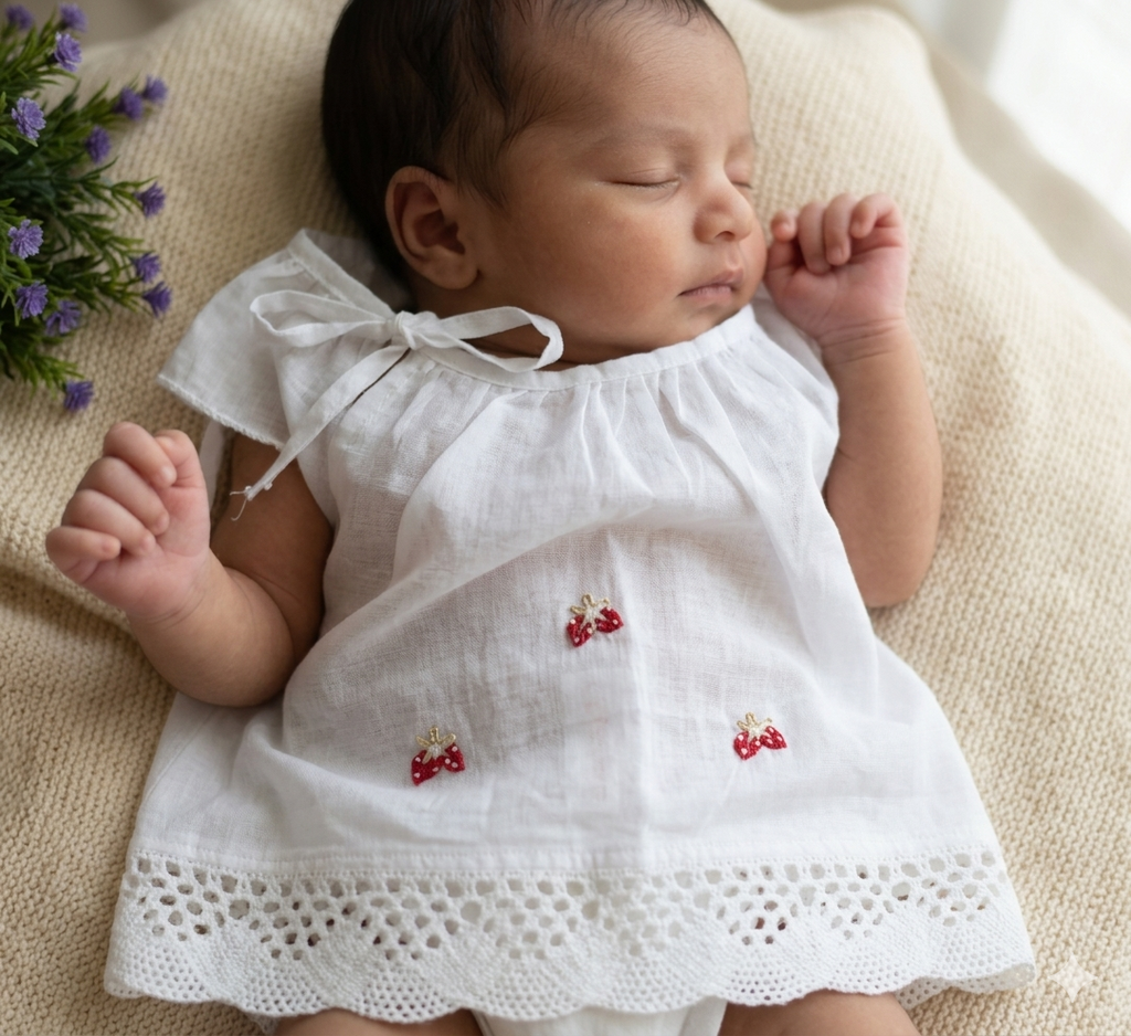 Kids Kerala Kettuduppu  – White Cotton with 3 Color Hand Embroidery & Lace Border