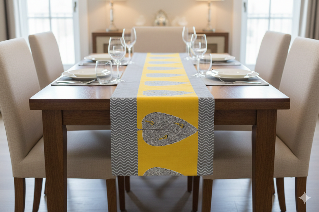 Modern Grey & Yellow Leaf Design Table Runner – 180 × 30 cm - Main Product Image - Nushio