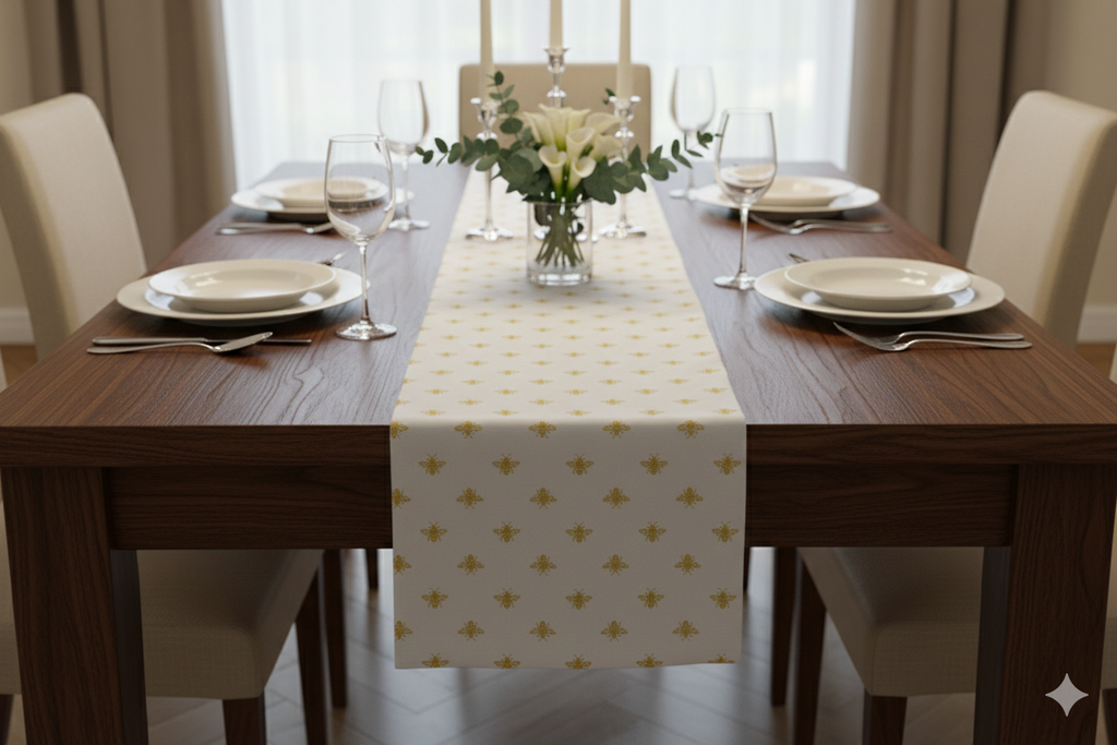 White & Gold Bee Print Table Runner - 180 × 35 cm