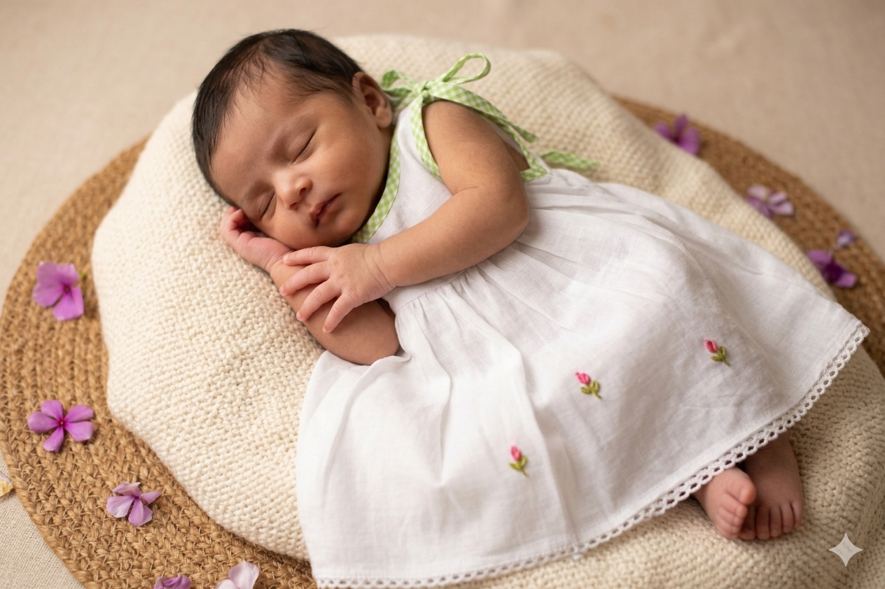 Kids Kerala Kettuduppu Dress – Traditional White Cotton Baby Dress (3 Color set)