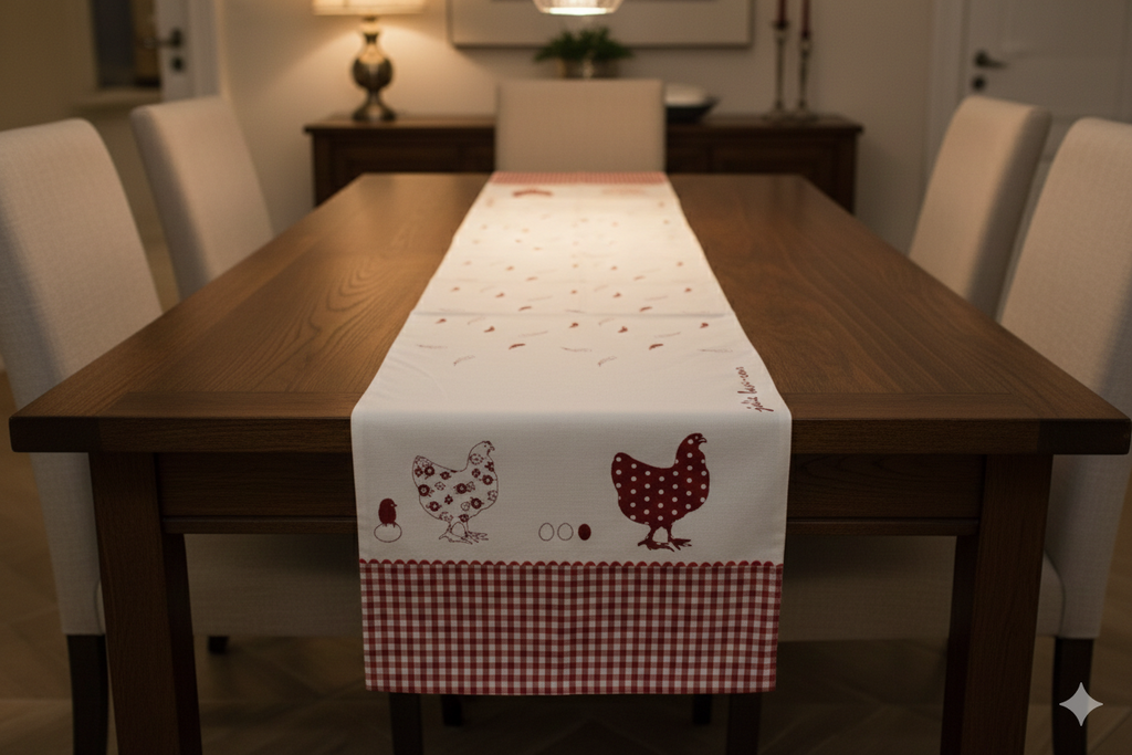 Rustic Red Gingham & Chicken Print Cotton Table Runner – 150 x 45 cm