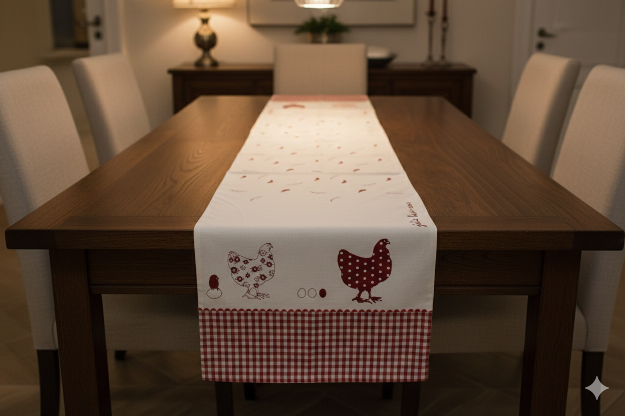 Rustic Red Gingham & Chicken Print Cotton Table Runner – 150 x 45 cm