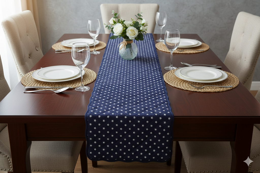 Navy Blue Star Print Quilted Table Runner – 90 x 30 cm - Main Product Image - Nushio
